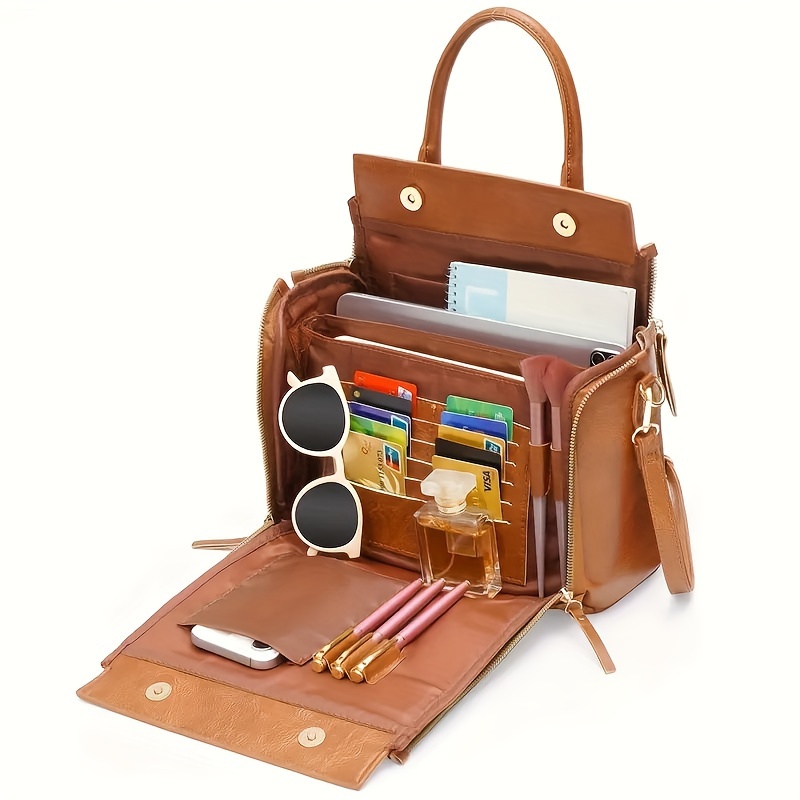 

Chic Brown Leather Women's Crossbody Bag - Retro Handbag With Zipper Closure, Waterproof Design & Polyester Lining, Featuring Fashion Glasses Holder & Card Slots