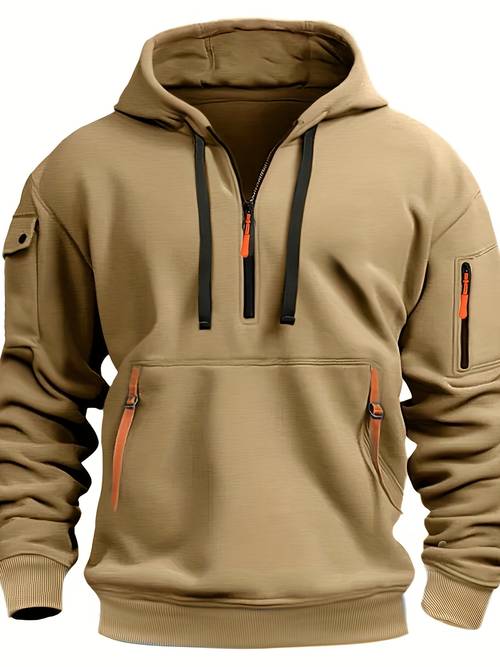 1pc mens polyester hoodie casual velvet notched collar pullover with multiple zippers pockets stretch knit fabric solid color loose fit for outdoor