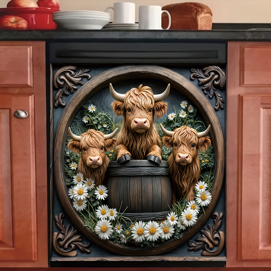 

1pc Highland Cow Magnetic Dishwasher Door Cover, Printed Theme Print, Indoor Rectangular Dishwasher Decoration, Easy To Apply & Clean, Kitchen Decor, 23.03 X 25.