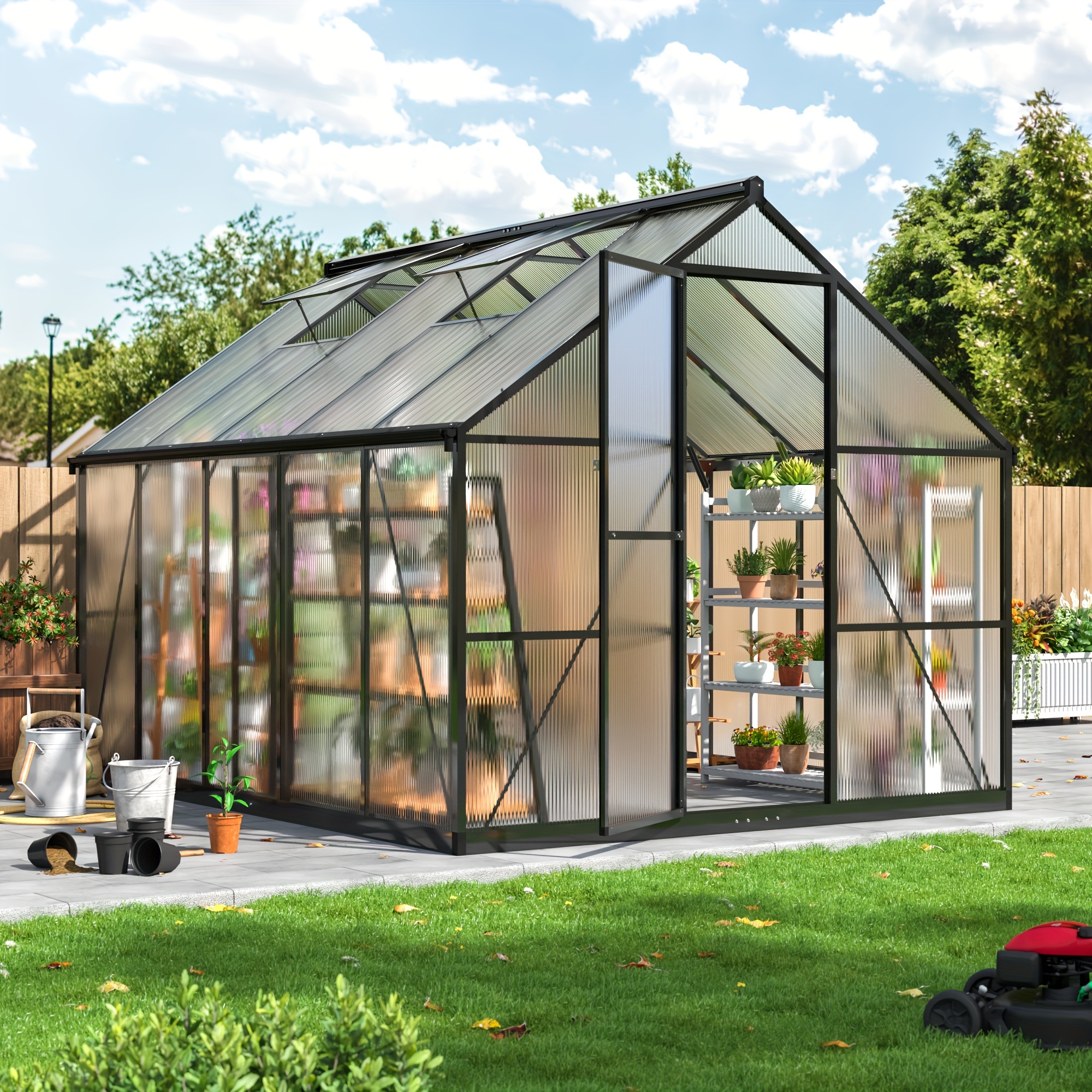 

Viwat 8x10ft Black Aluminum Greenhouse - Quick Setup, Polycarbonate Panels & Roof Vent, Ideal For Garden/backyard - Includes & Gloves, Backyard Greenhouse|modern Greenhouse|weatherresistant