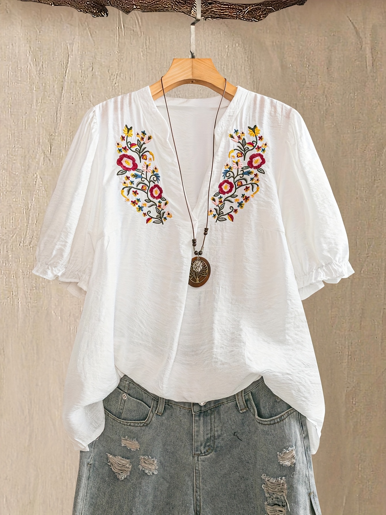 womens embroidered floral pattern bubble sleeve shirt march