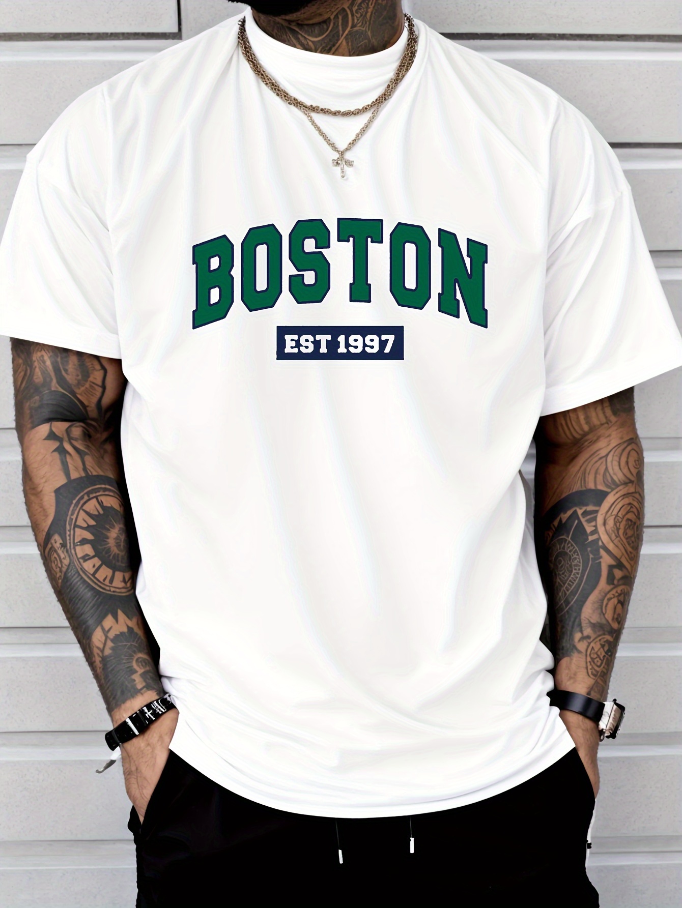 Men'S Boston Est. 1997 Graphic Print T-Shirt, Casual Crew Neck Short Sleeve Tee with Slight Stretch, Regular Fit, Letter Pattern Design, Perfect for Sports or Leisure Activities, Leisure Clothing | Trendy Crew Neck | Versatile Style
