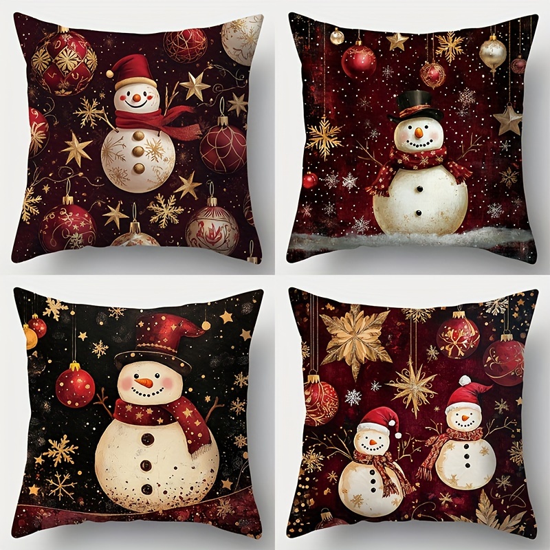 

4pcs Set Burgundy & Golden Christmas Snowman Throw Pillow Covers - Home Decor For Sofas, Beds, Living Rooms & Cars - Machine Washable Polyester, Zip Closure