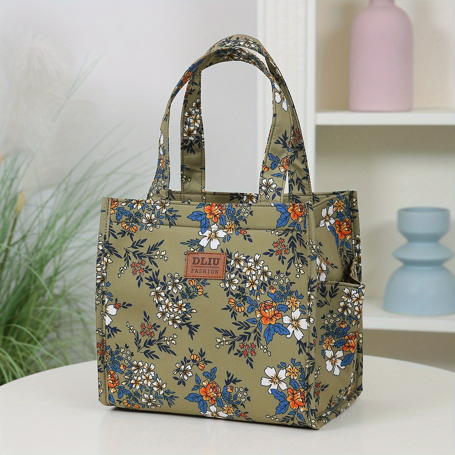 TEMU New, Thickened Printed Fabric, Floral Pattern, Handbag, Large Capacity Portable Lunch Box Storage Bag, Zipper Closure Design, Suitable For ,