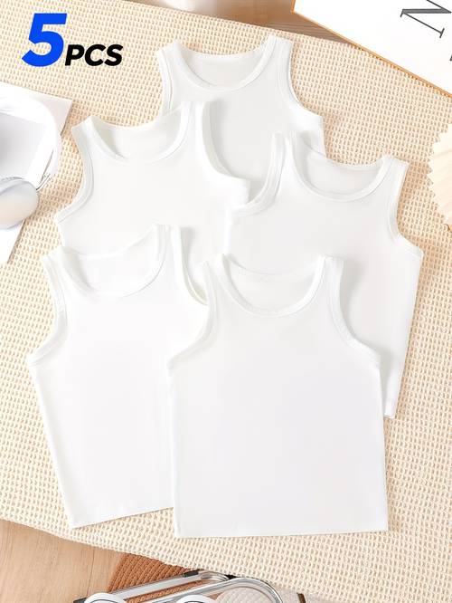 5pcs boys white sleeveless tank tops comfortable vests for spring summer and fall versatile tops for toddlers preschoolers and elementary school boys simple basic outfits breathable and comfortable childrens casual wear