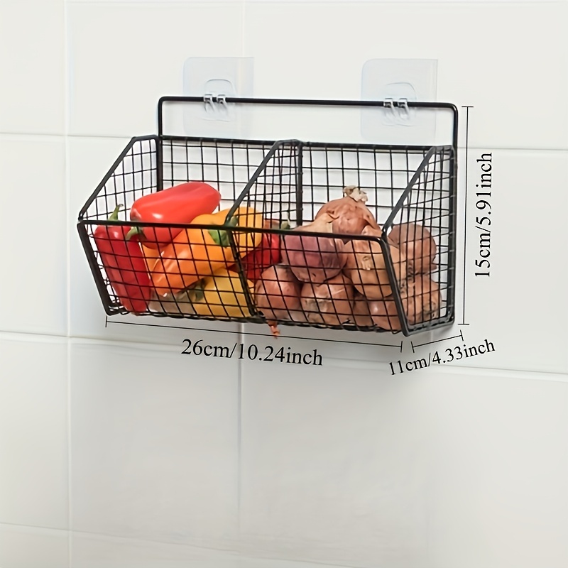 TEMU dos soportes adhesivos, estante de almacenamiento multifuncional de pared para cocina, cesta de metal duradera para verduras, ajo y cebollas,