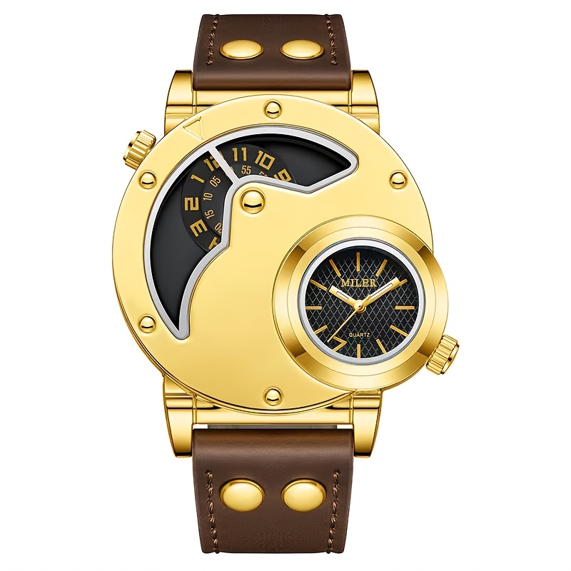 Elegant Men's Quartz Watch with Dual Time Display - Golden-Tone, Faux Leather Strap, Business Style