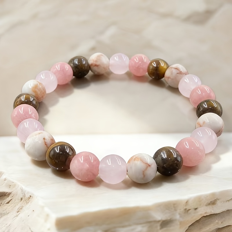 2pcs Pink Cherry Blossom Agate Tiger Eye Bracelet Set