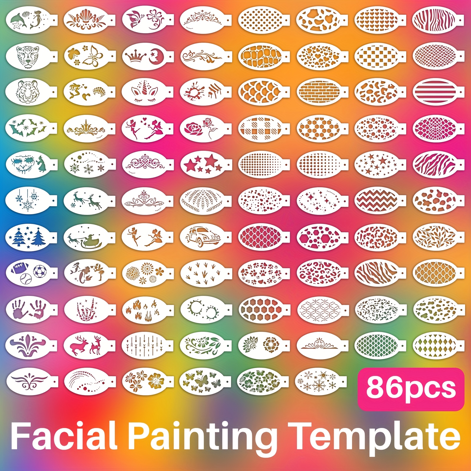 Image of 86pcs Face And Eye Body Painting Stencils Set, Reusable Diy Facial And Body Art Tattoo Templates, Makeup Drawing Tools For Festive Halloween Christmas Party Makeup Supplies