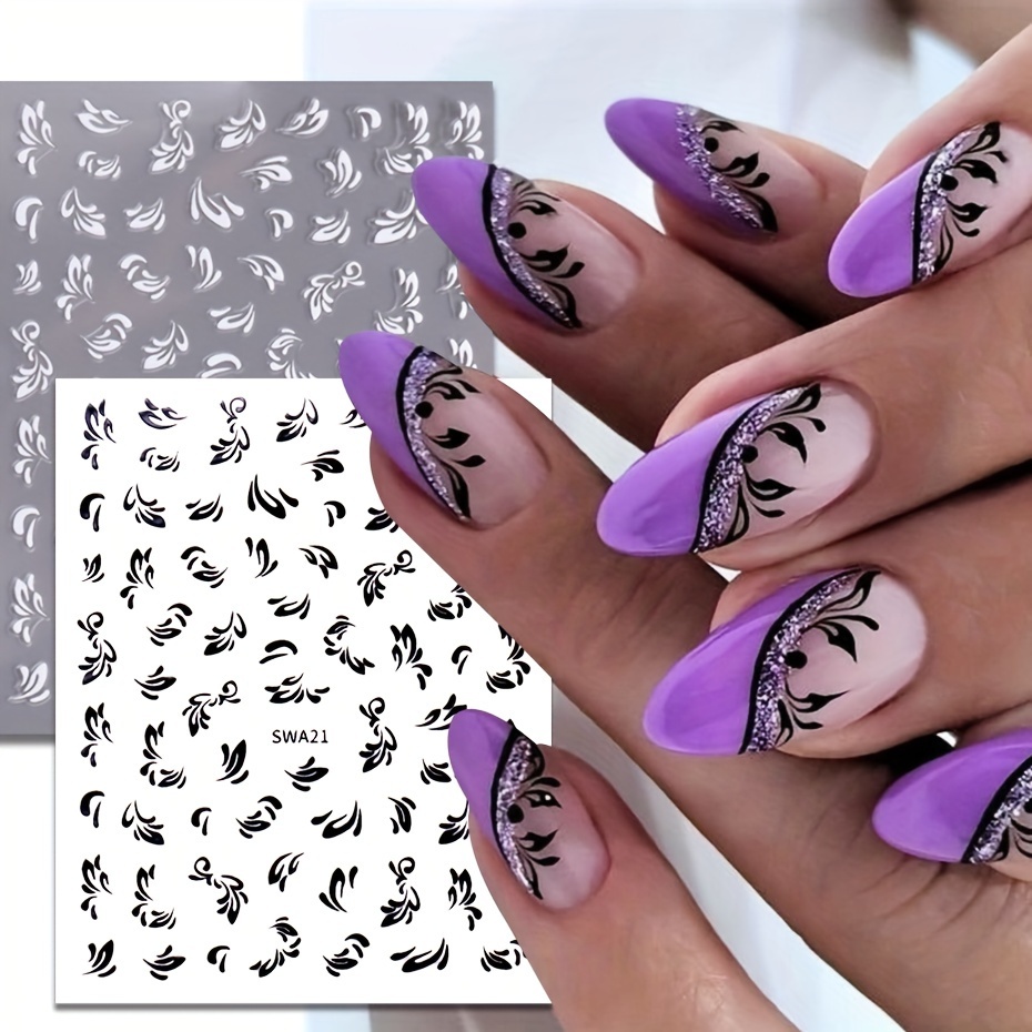 

2-piece Black & White Floral Nail Art Stickers - Self-adhesive, Shimmering Plant Designs For Diy Manicure