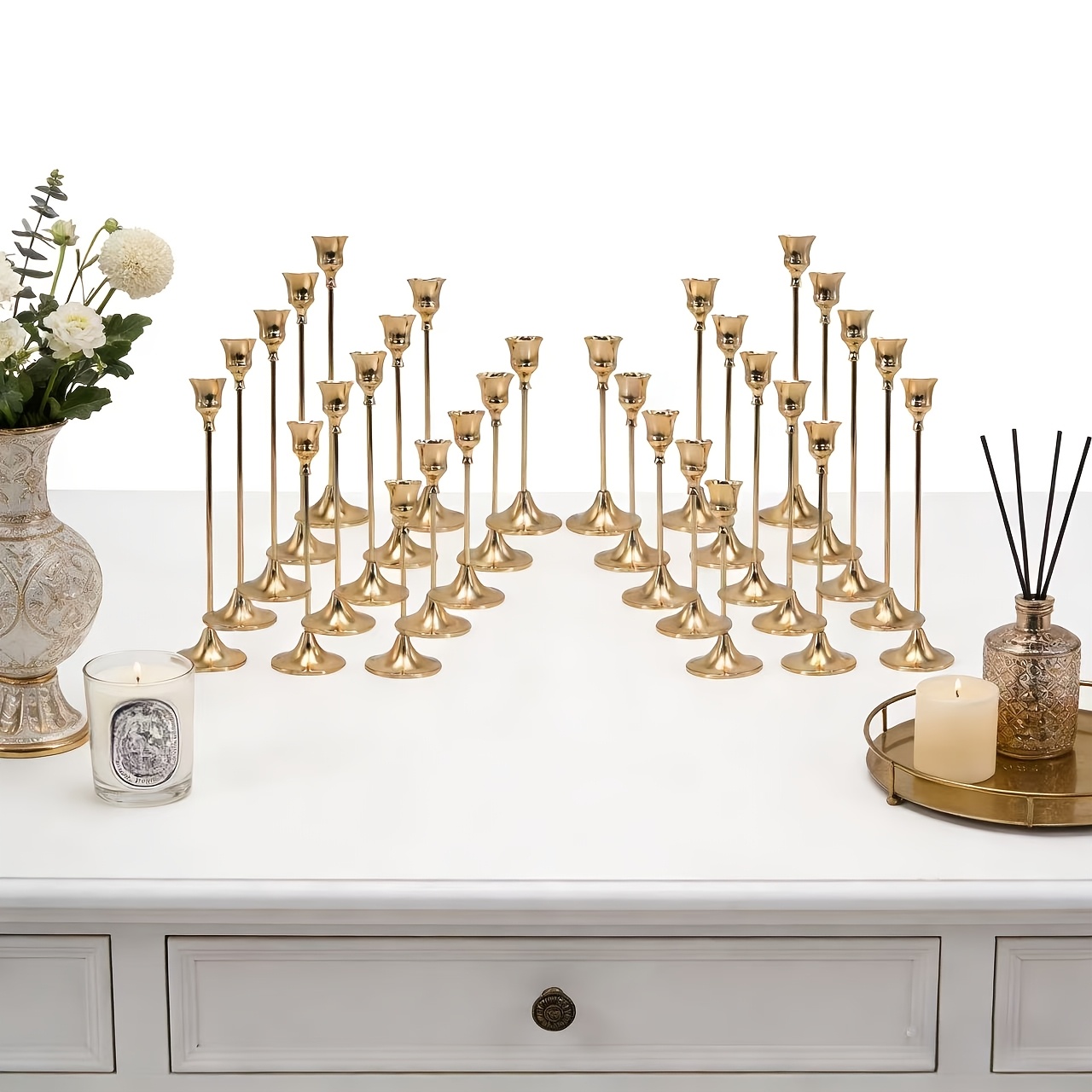 Image of 30pcs Candlestick Elegant Taper Candle Holders High-end Metal Tall Candle Holders Table Centerpieces Candlestick For Wedding Party Home Decor (golden)