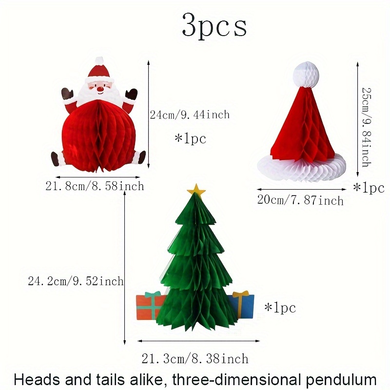 Image of 1set/3pcs Honeycomb Christmas Tree, Honeycomb Santa Claus, Honeycomb Christmas Hat, Creative Christmas Shape Honeycomb Ornaments, Christmas Holiday Party Home Scene Decoration Supplies