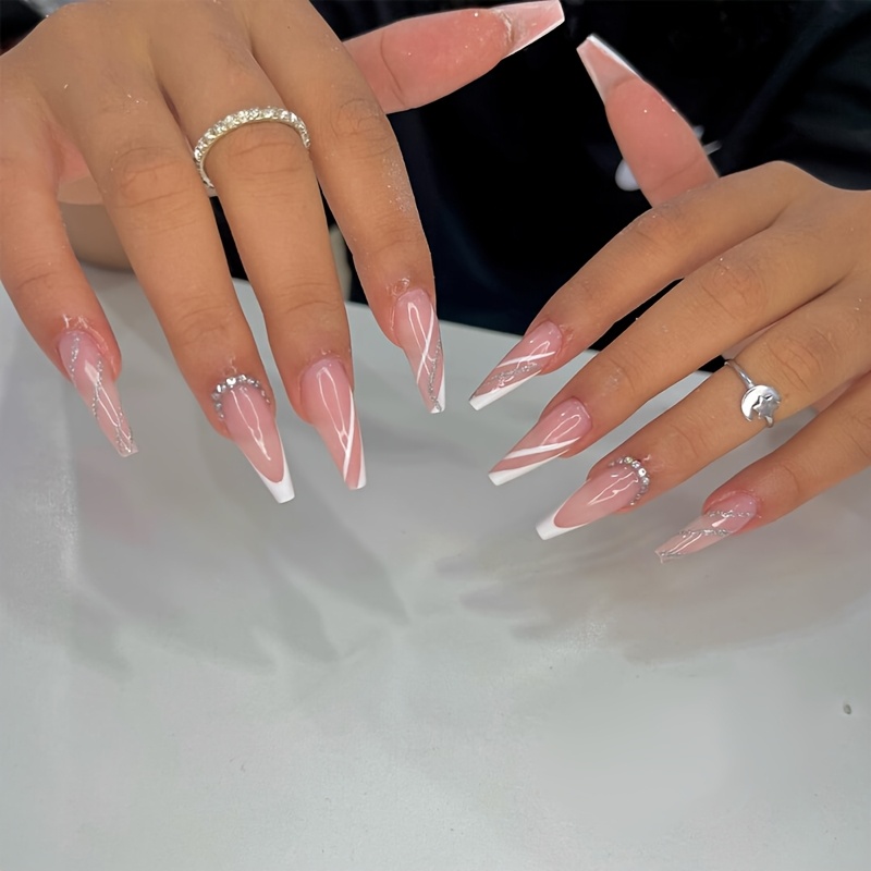 TEMU 24pcs Long Press-on Trapezoidal Nails, Pink With Sparkling Rhinestones, Fake Nails For Women, Suitable For Daily Casual Wear, Work, Parties,