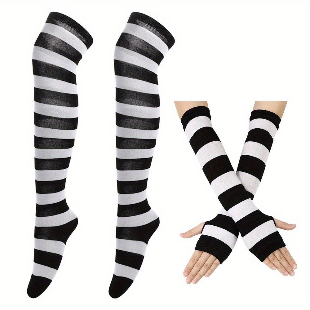 TEMU 1 Pair Of Combination Set Colorful Striped Over-the-knee Socks Christmas Party Socks Sleeves Fashion Women's Socks Arm Sleeves