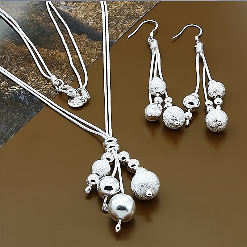 

3pcs Set Of Elegant 925 Sterling Silvery Round Bead Earrings And Necklaces For Women, Valentine's Day Gifts And