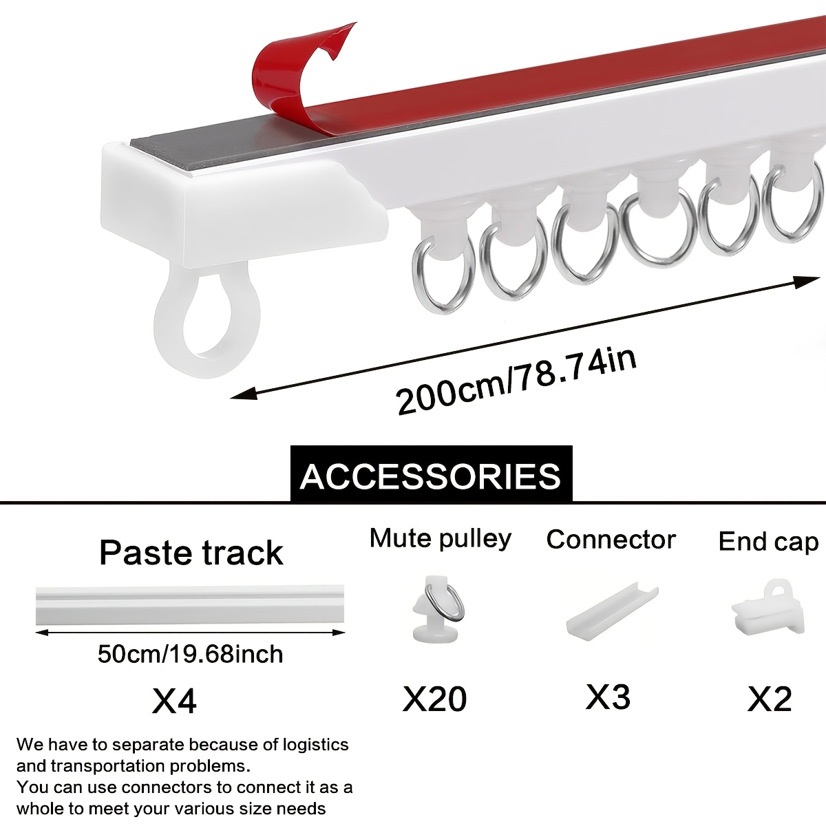 TEMU Multi-functional No-drill Curtain Track, Self-adhesive Silent Guide Rail With Elbow Connector, Installed From Top Or Side, Suitable For Windows,
