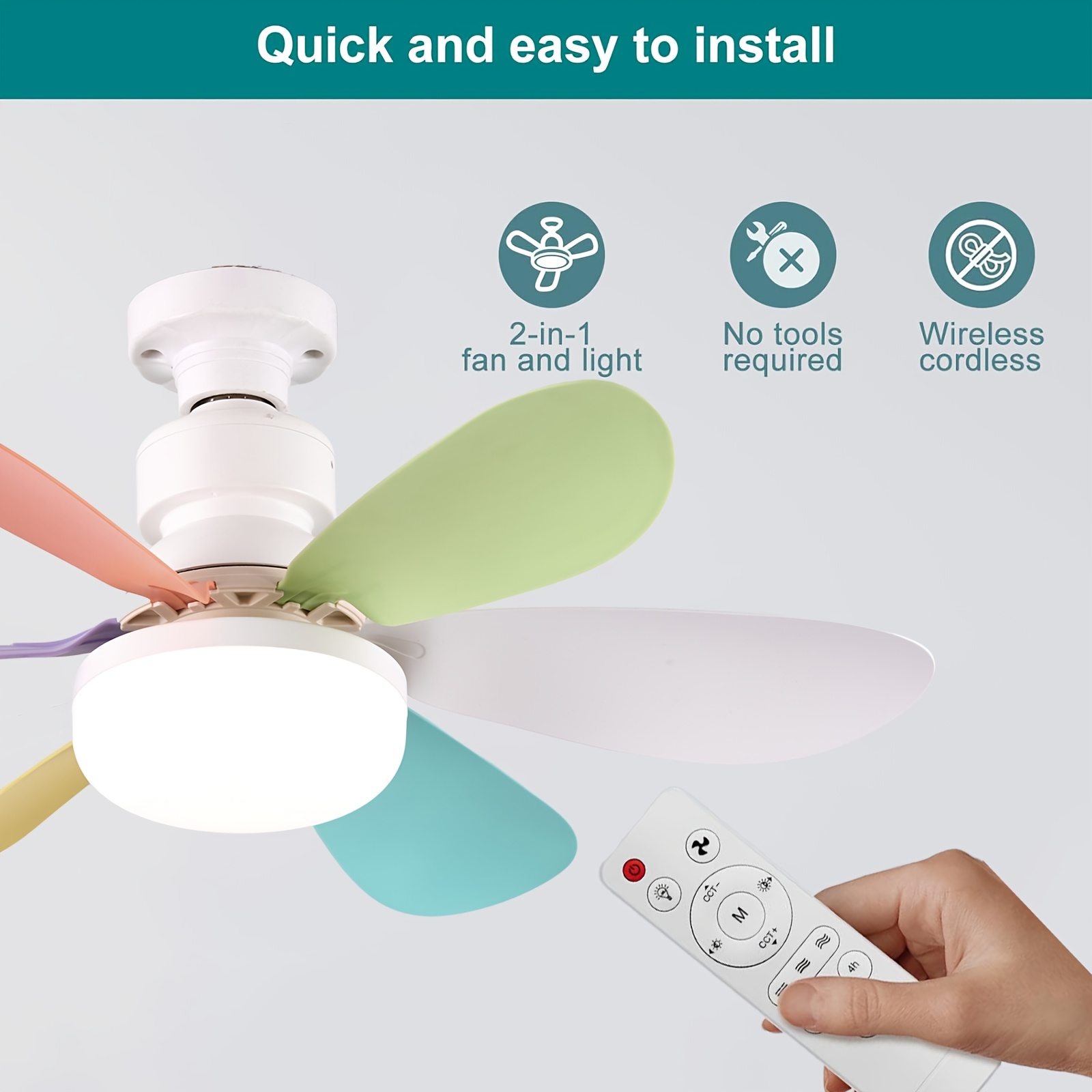 Ventilador de Techo con Luz y Control Remoto, Iluminación LED con Ventilador, 3 Velocidades de Flujo de Aire Silencioso y 3 Temperaturas de Color (3000K-4500K-6500K), Instalación Sin Herramientas + Temporizador, Ventilador de 6 Aspas E26/E27, Ideal para Dormitorio, Sala, Cocina, Garaje, Tiendas y