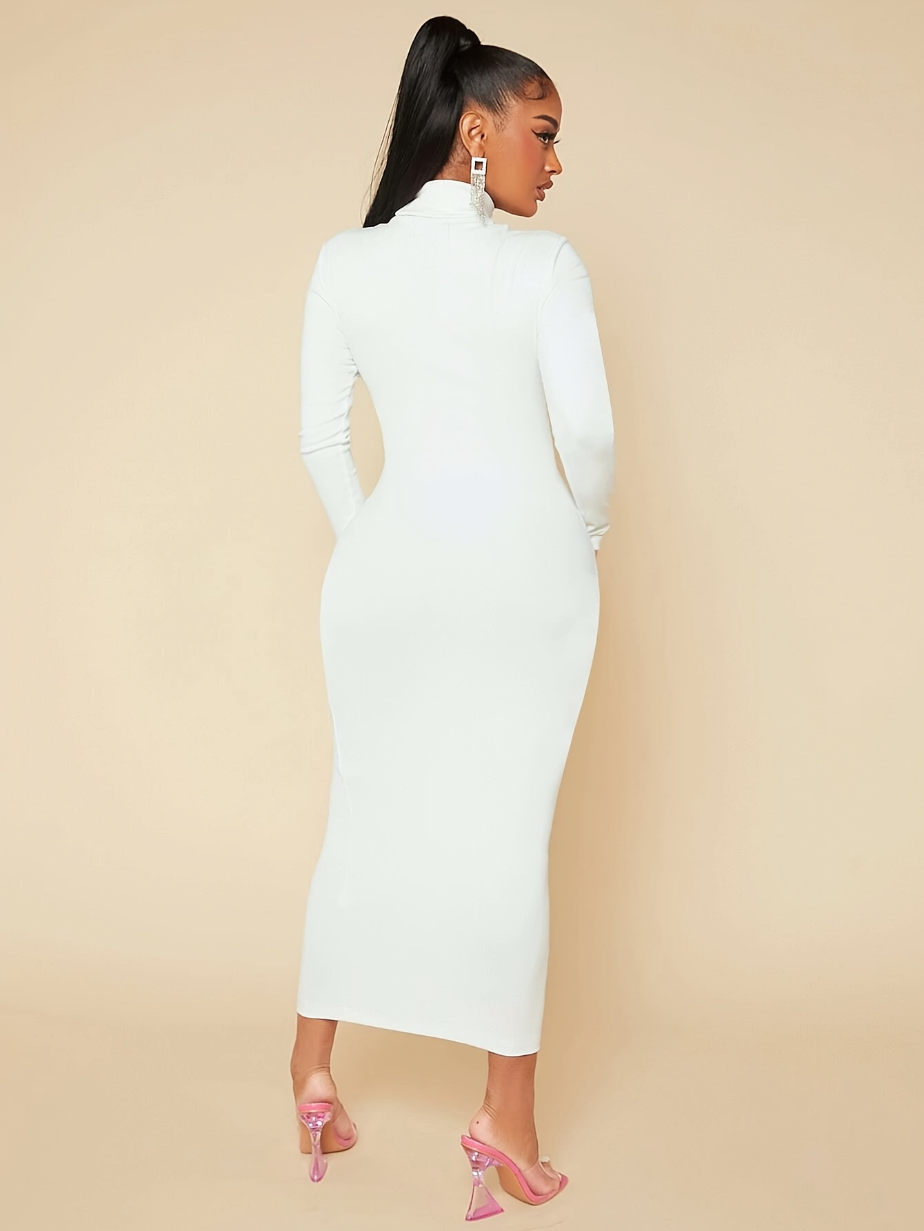 high neck solid color white long dress ruffles women's - Temu