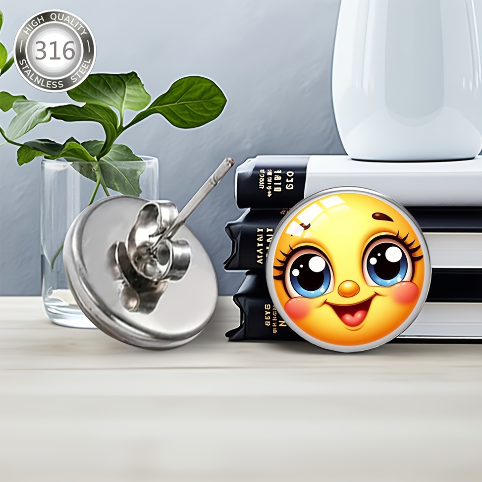 Women's Smiling Sun Design Stainless Steel Earrings with Glass Inlay