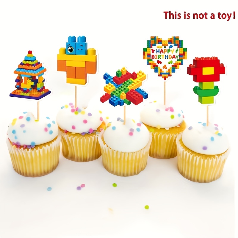 Image of 32pcs Building Blocks Cupcake Toppers - Happy Themed Birthday Party Toppers - Cupcake Colour Building Block Theme Baby Shower Cupcake Toppers,halloween, Christmas