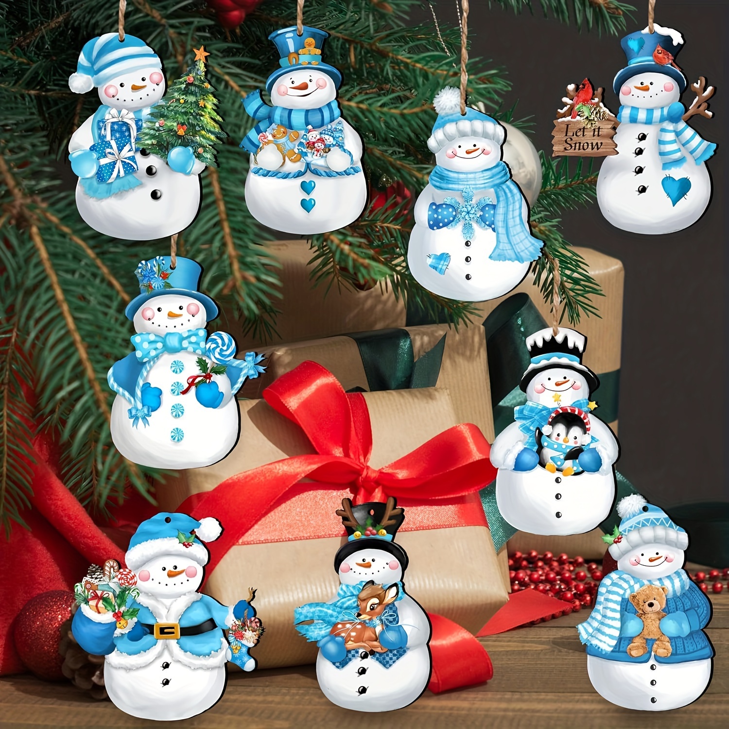 

12- Blue Snowman Wooden Hanging Ornaments, Holiday Decor For Christmas, Thanksgiving, New Year - No Electricity Needed, Outdoor & Indoor Garden Pendants