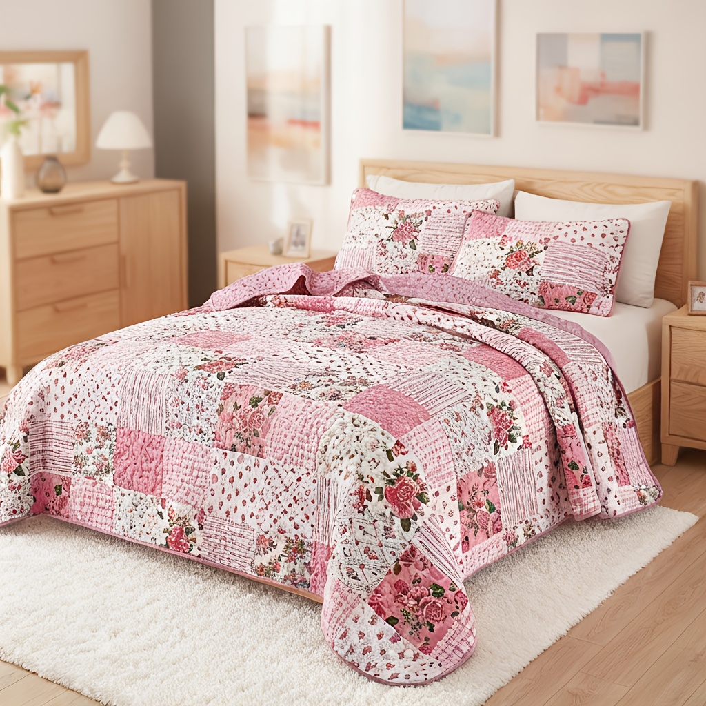 TEMU 3pcs Bedspread - Floral Bed Cover With 2 Shams, Soft Breathable Bed Sheets Suitable For Bedroom/dorm, Machine-washable Bedspread