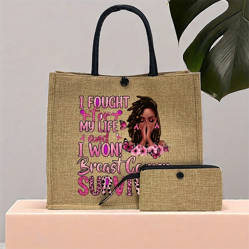 

2pcs/set Fashion Nurse Print Tote Bag, Portable Burlap Bag, Women's Casual Handbag & Purse For Beach Travel Commute