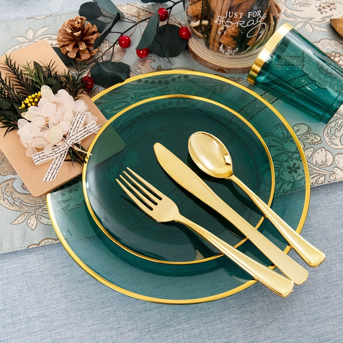 

180pcs Clear Green Plastic Plates, Disposable Plastic Dark Green Plates, Plastic Emerald Green Plates And Golden Plastic Dinnerware Set, Holiday Plates Service 30 Guests, Party Supplies