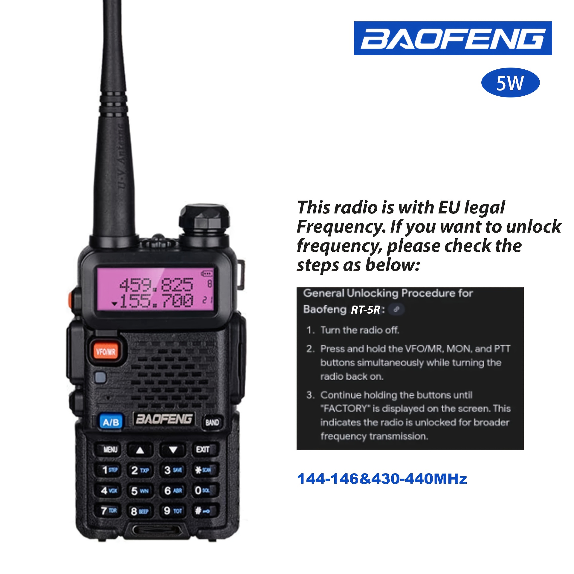 Baofeng 5W UHF/VHF Long-Range Dual Band Walkie Talkie - Black, USB Rechargeable, High-Powered, Multi-Functional for Hunting, Climbing, Hiking, Outdoor Communication, Durable Design, Highquality Audio