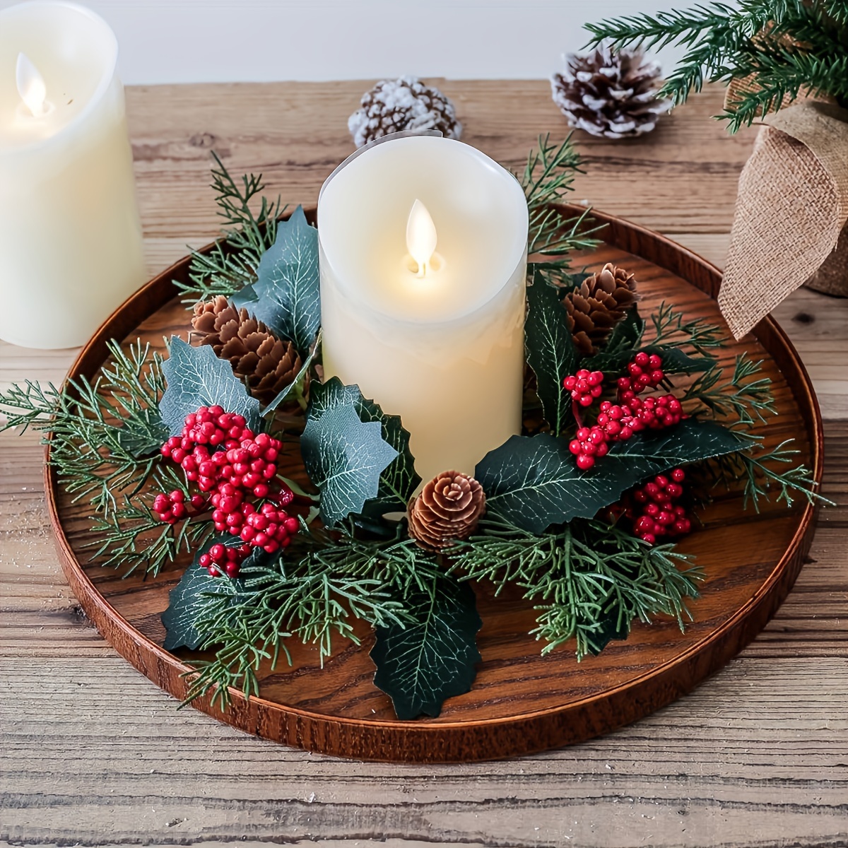 

2pcs Boho Chic Christmas Candle Rings - Artificial Berry & Wreaths For Home Decor, Centerpieces (candles Not Included)