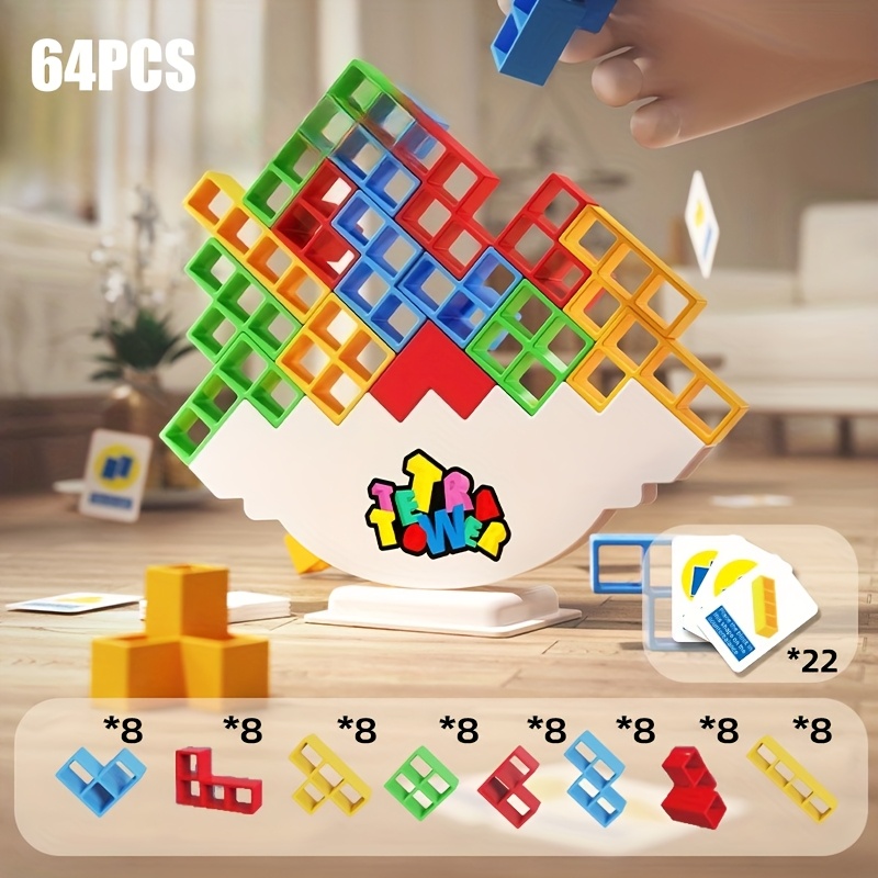 64 building blocks+22 cards+1 base, stacking fun desktop toys, balance blocks, balance tower games, adult entertainment party games, family games, party and travel balance stacking toys