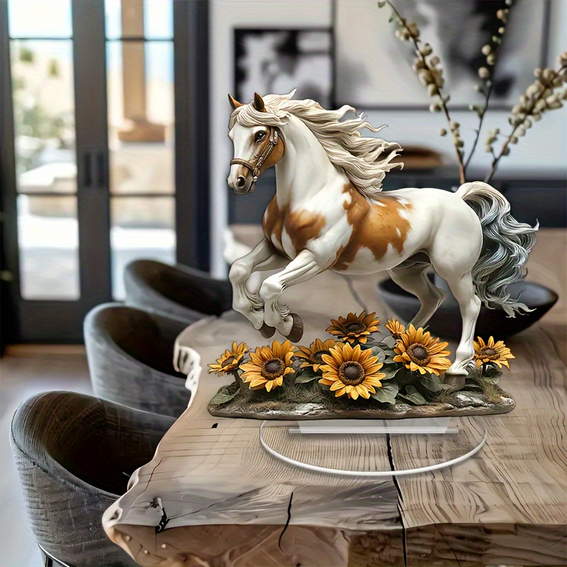 

[2d Flat] Art Deco Acrylic Horse Figurine With Sunflowers - Tabletop Animal Themed Decorative Plaque, Multipurpose Home Decor, No Text