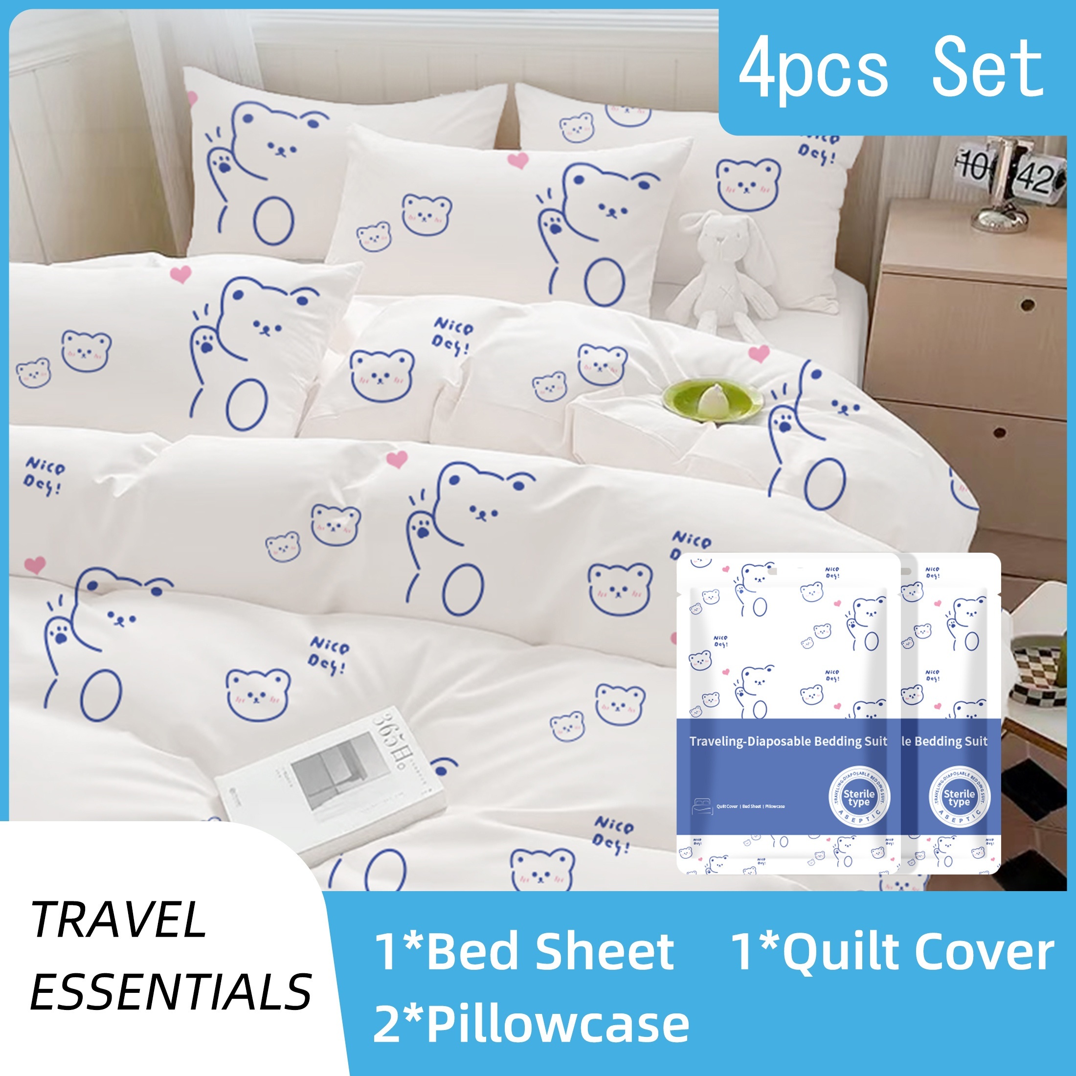 

1 Set Disposable Bed Sheets Set For Travel, Portable Travel Bedding Set For Hotel 1*bed Sheet + 1*duvet Cover + 2*pillowcase