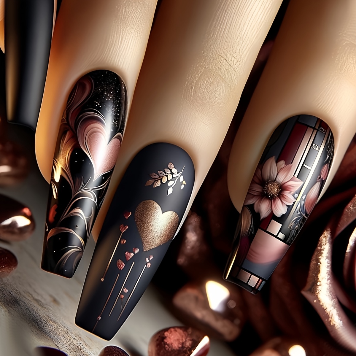 

24pcs French Golden-black Ballet-shaped Long Nail Set With Elegant And Floral Print, Includes Nail File And , Shine, Wear