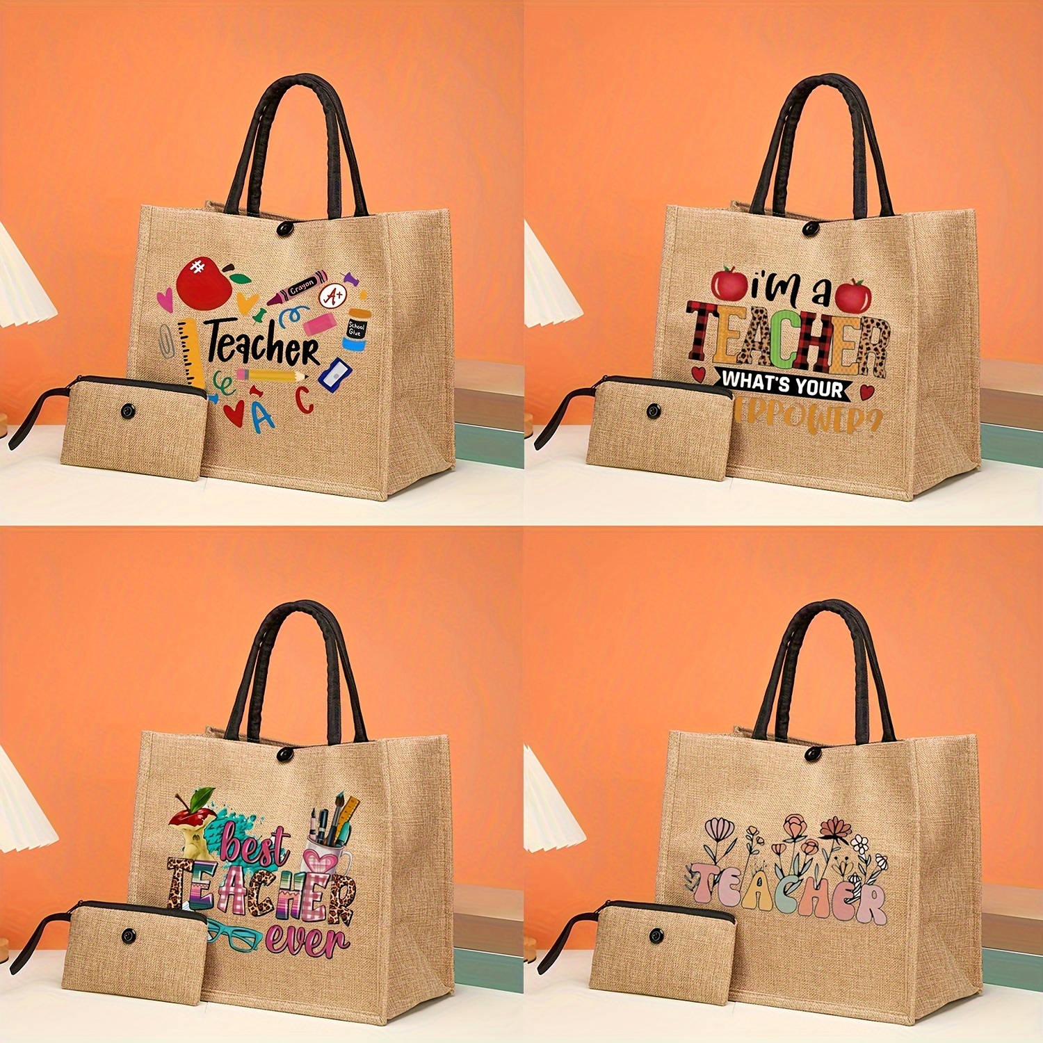

Teacher Gift, 2pcs Cartoon Teachers Pattern Tote Bag Set, Lightweight Burlap Shopping Bag, Portable Travel Beach Bag With Makeup Bag