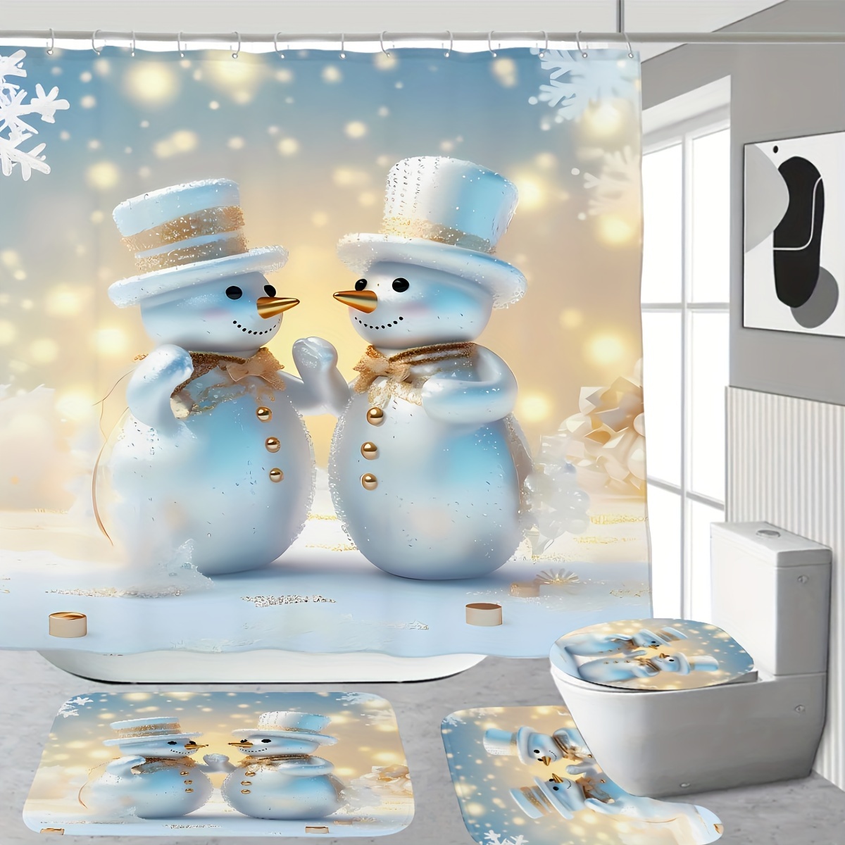 

Snowman Shower Curtain Set With Non-slip Bath Mat, Toilet Lid Cover & Rug - Cordless Polyester Christmas Bathroom Decor Ensemble, Woven Forest Themed Digital Print - Includes 12 Hooks, Stain Resistant