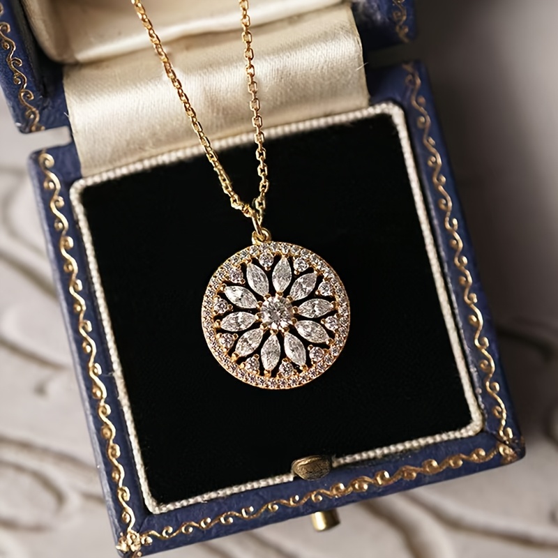 TEMU 1pc Sunflower Round Design Copper Micro-pave Hollow Fashion Unisex Necklace (box Not Included)