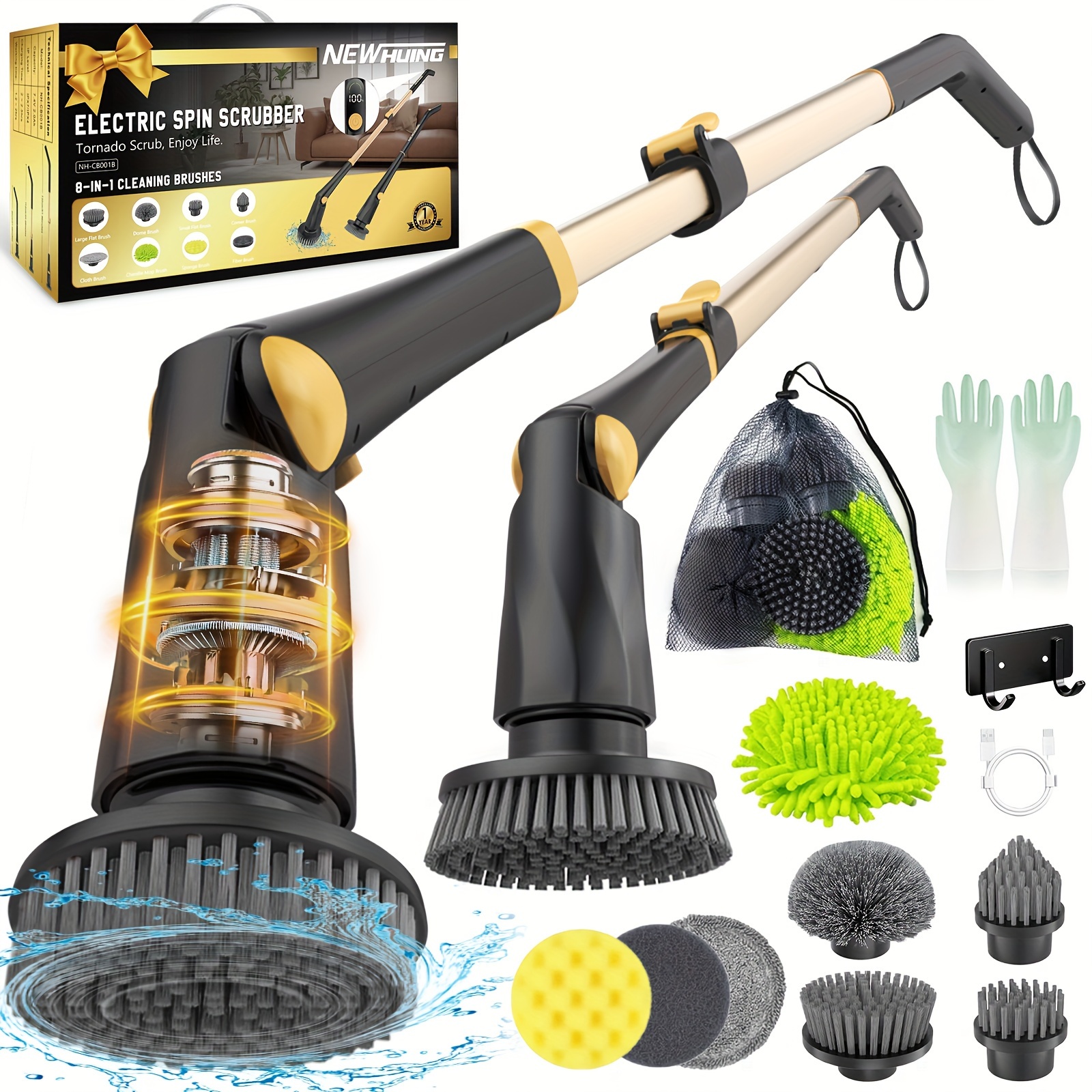 

001001-electric Spin Scrubber Cleaning Brush - Scrubber With Long Handle - Cordless Floor Scrubber With 8 Replaceable Brush Heads For Kitchen-ipx7 Waterproof