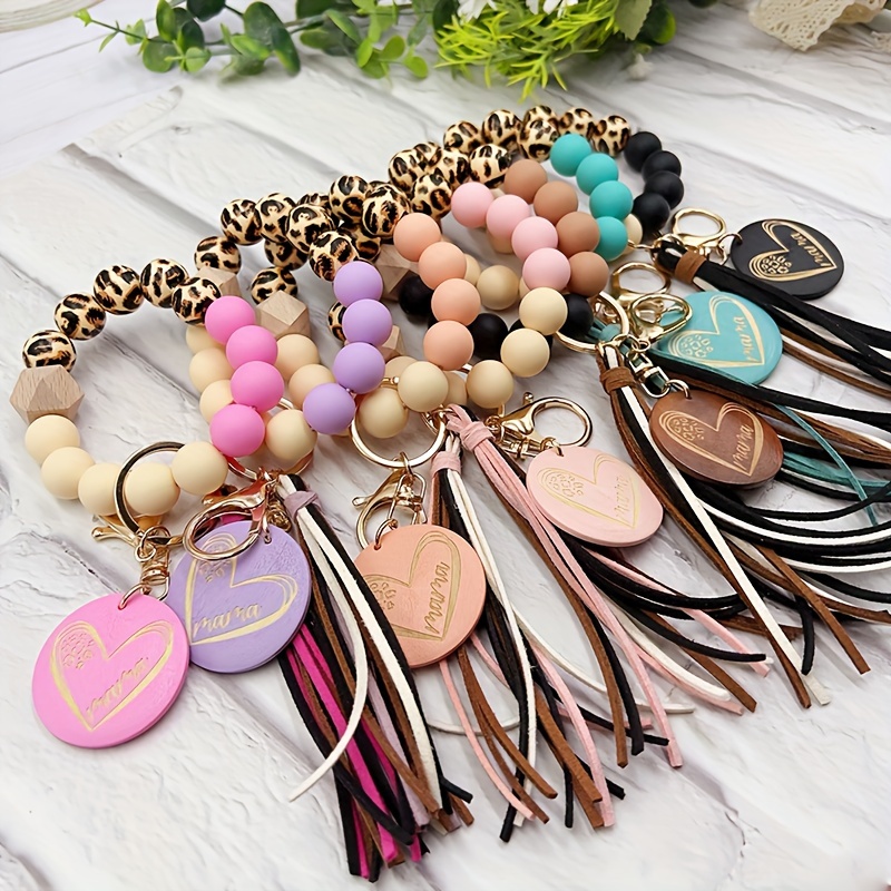 

1pc Leopard Wooden Silicone Beaded Wristlet Keychain With Mama Heart Tag Bag Charm Phone Lanyard Bangle Keychain Mother's Day Women Daily Use Gift