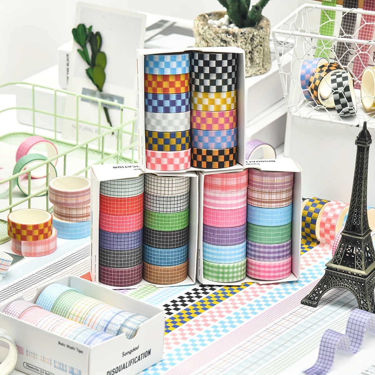 

12 Rolls/box Of Minimalist Grid Series Washi Tape - Creative Checkerboard Pattern - Scrapbooking, Diy Projects, Photo Albums, And Office Supplies