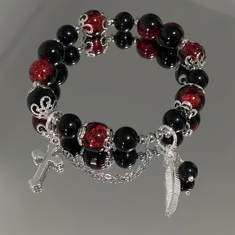 

1pc Cross Feather Bracelet, Beaded Bracelet For Men