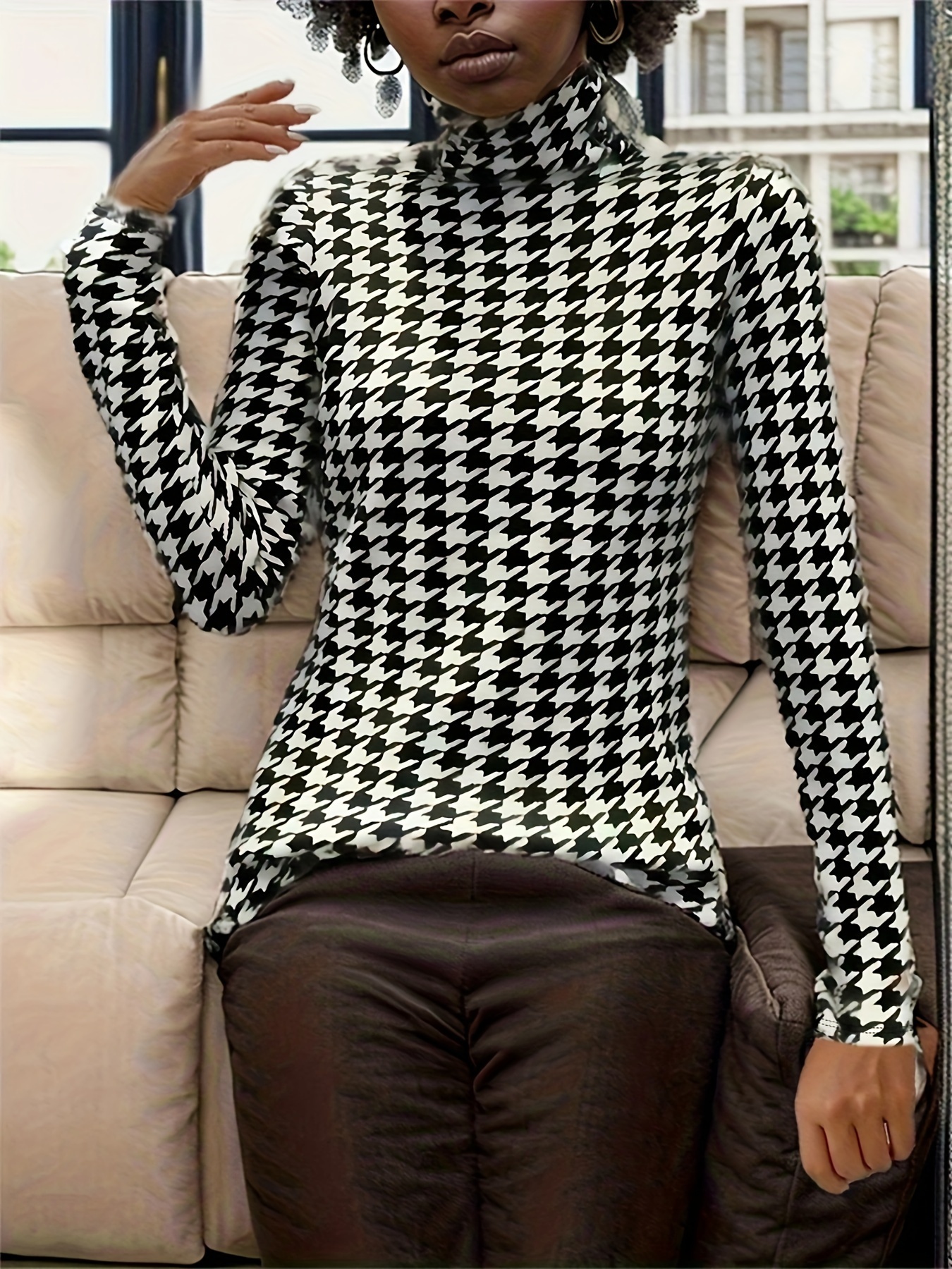 Tričko S Rolákem S Potiskem Houndstooth, Ležérní Top S Dlouhým Rukávem Na Jaro A Podzim, Dámské Oblečení