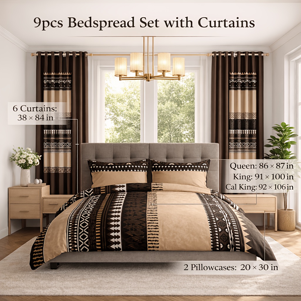 TEMU New 9pcs Comforter Bedspread Set With Curtains, Soft Bedding For Bedroom Decor, Includes Bedspread, Pillow Shams And Window Curtains, Elegant