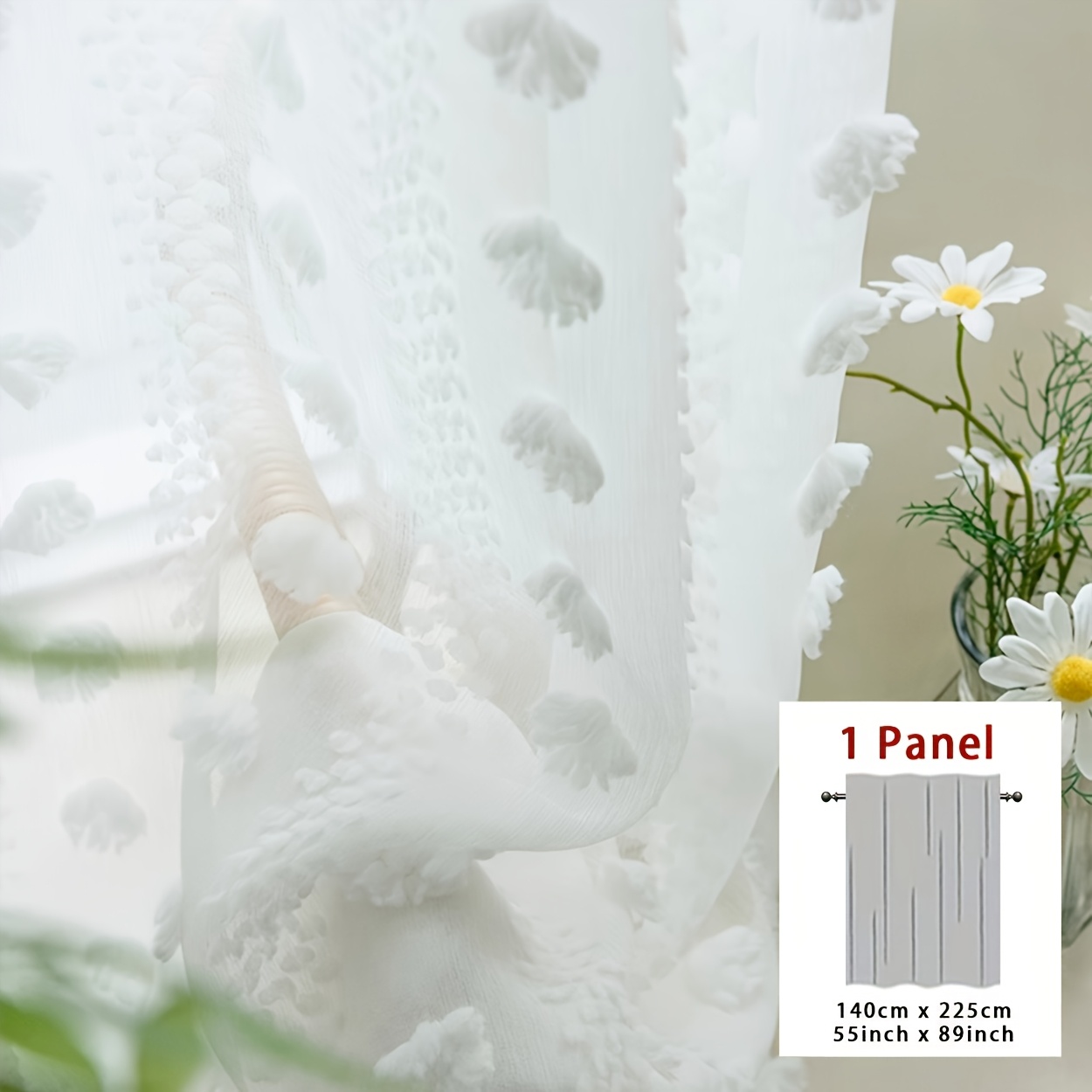 Image of French Country White Sheer Curtain With Pom-pom Fringe - Light Filtering, Rod For Living Room, Bedroom, Or Balcony - Soft Polyester Fabric, Romantic Decorative Accent, Curtains For Living Room