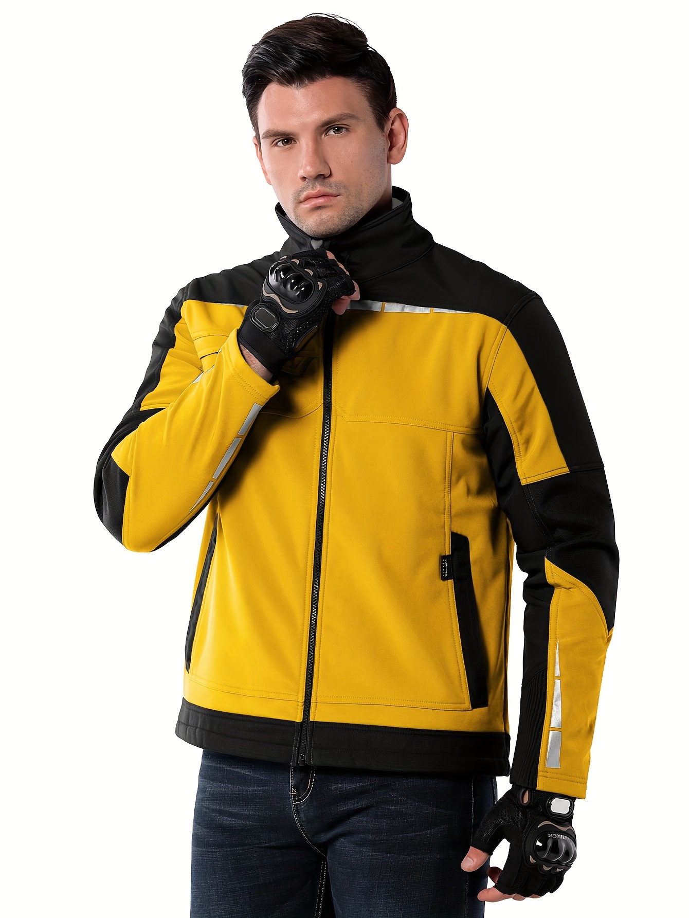 33, 0.0cm Men S Windproof Motorcycle Biker Jacket with Stand Collar, Elastic Cuffs & Multiple Zipper Pockets - Durable Impact-Resistant   Riding Gear for Off-Road, Dirt Bike Racing & Adventure Riding - Classic Retro Style, Breathable & Luminous Details, Motorcycle Riding Gear