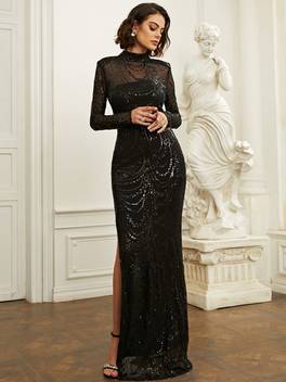 european and american womens steel round neck long sleeved sequined fitting split dress