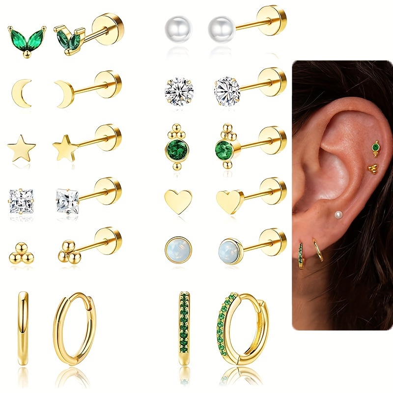 

24pcs/set And Fashionable 18k Gold Plated Flat Back Earrings Hypoallergenic Cartilage Earrings Set, Hypoallergenic, Very Suitable As Women's Jewelry Gifts, Fashion Accessories