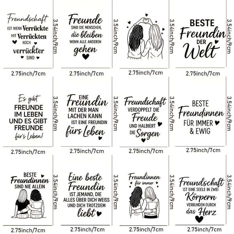 E-shop 12 Stk. deutsche UV-DTF-Abziehbilder zum Aufbügeln mit Zitaten zum Thema beste Freundschaft, mit Kunstaufklebern mit Freundschaftszitaten,