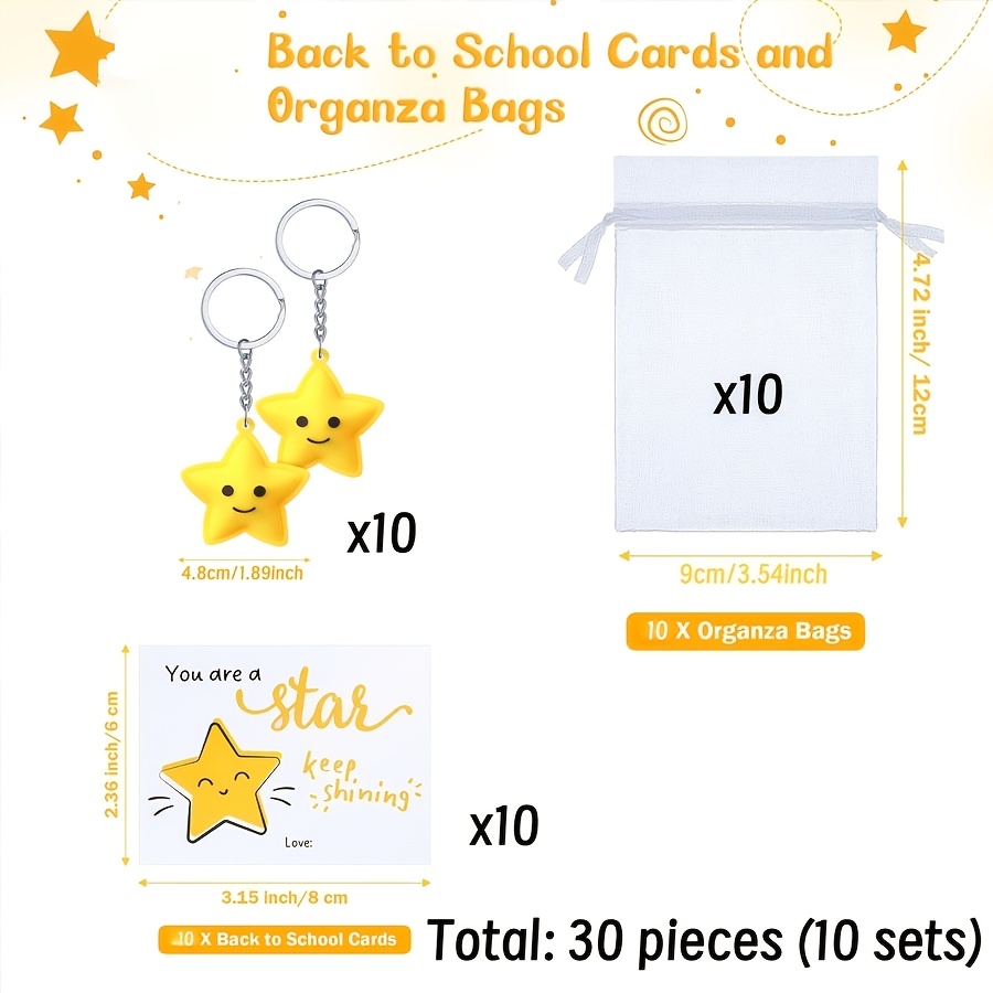 Image of 30pcs Cute Star Keychains With Inspirational Star Cards And Clear Organza Bags, Thank You Gift For Rewards Parties, Suitable For Gifting, , Team Rewards - Keychains + 10 Cards + 10 Organza Bags