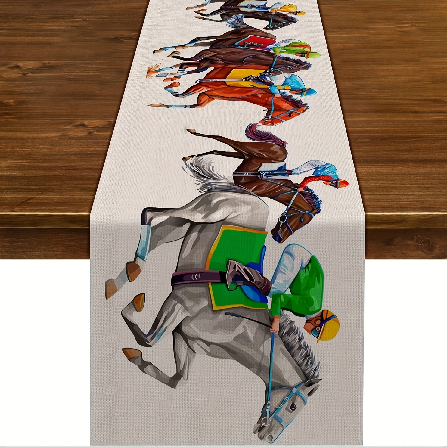 TEMU 1pc Polyester Horse Racing Table Runner - Vibrant & Horses Design, Durable Rectangular Tablecloth For Parties, Dining Decor, Home & Kitchen